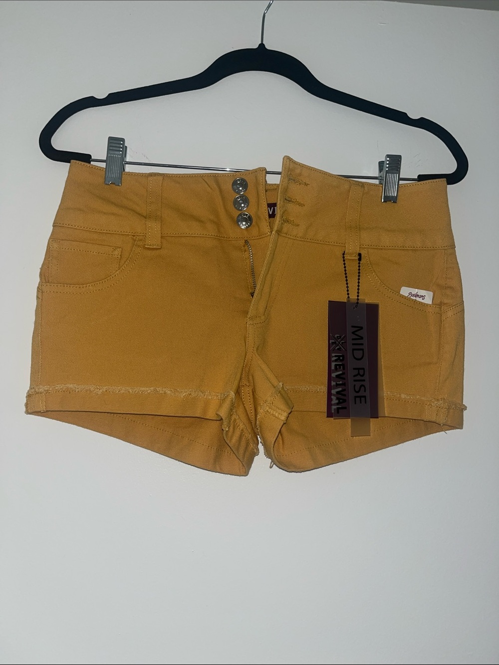 Mid-Rise Mustard Jean Shorts with Triple-Button Closure